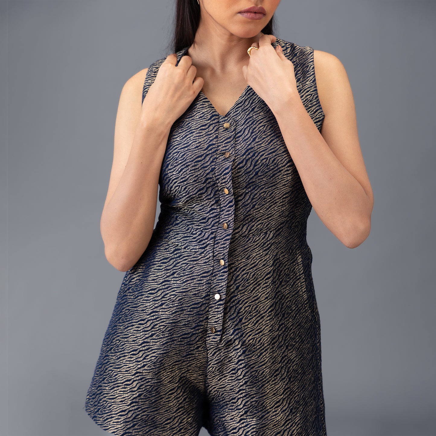 Animal Brocade Button-Down Romper