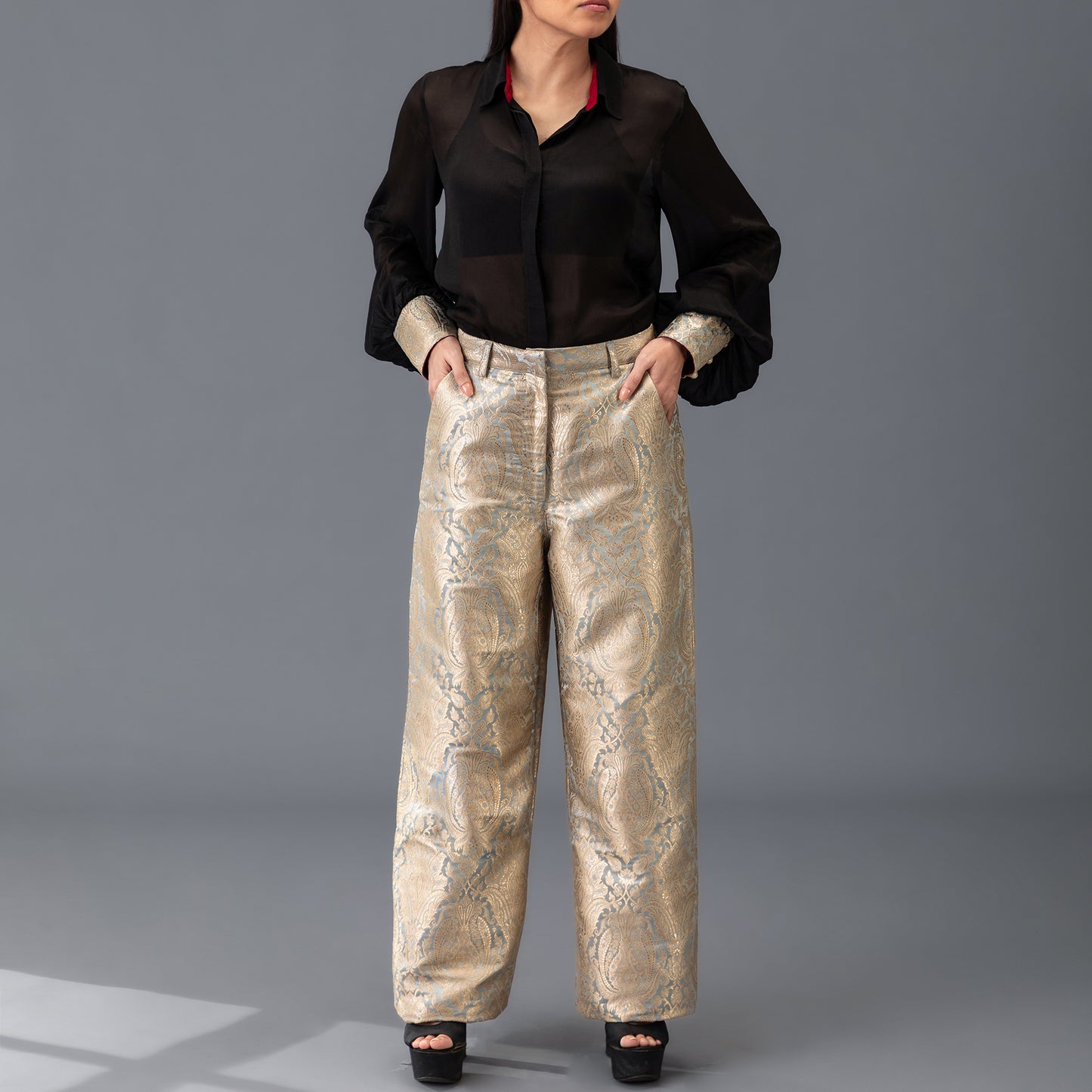 Brocade Trousers - Grey & Gold