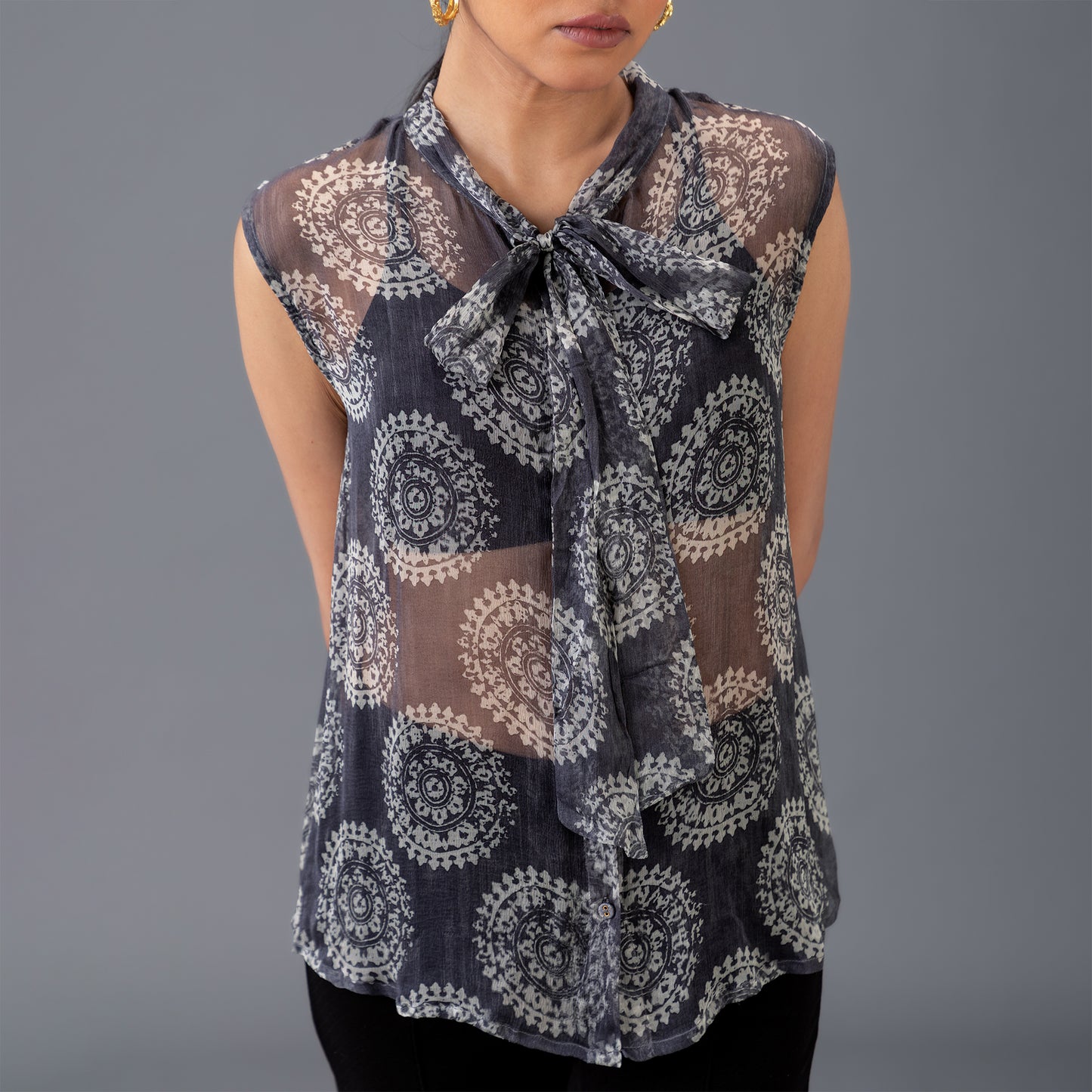 Sheer Bow Neck Printed Top