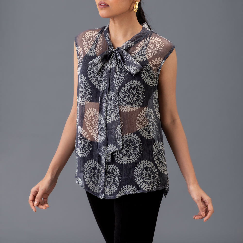 Sheer Bow Neck Printed Top